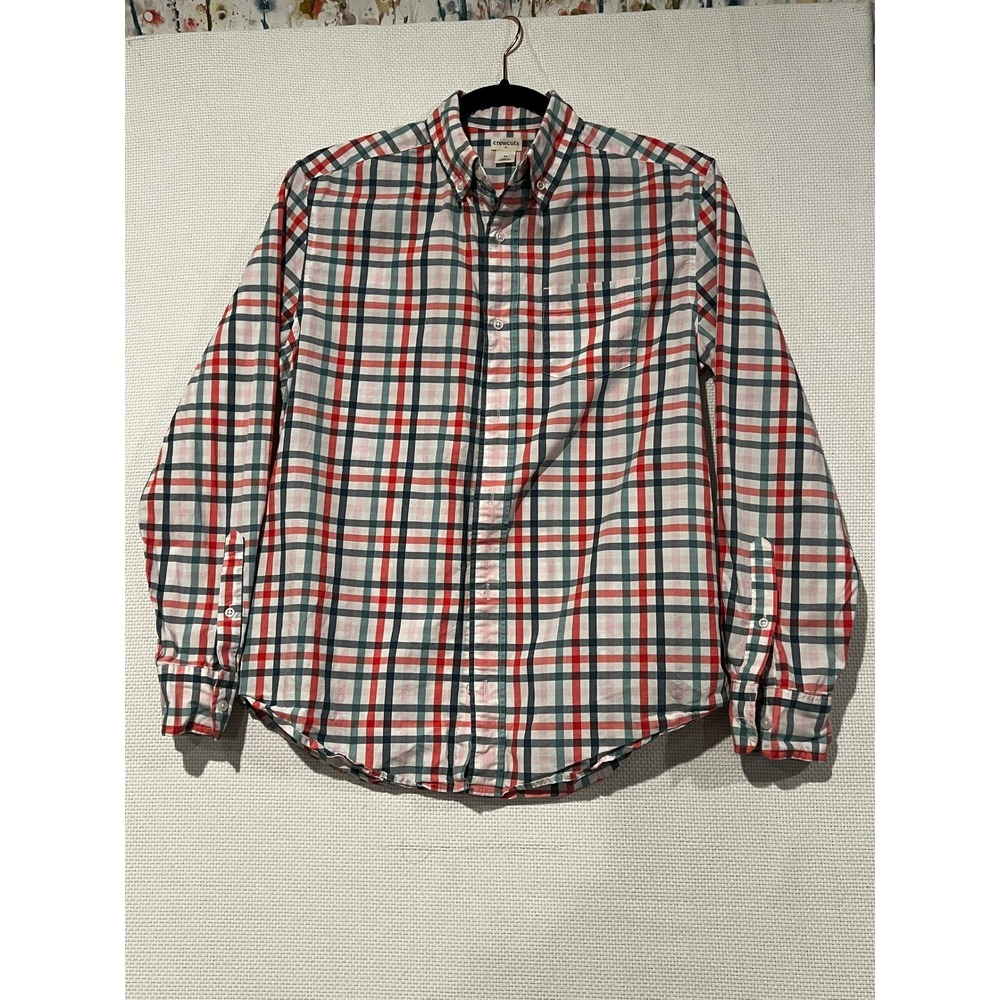 Crewcuts J.Crew Boys Plaid Button Down Shirt Red Teal Blue Size 14